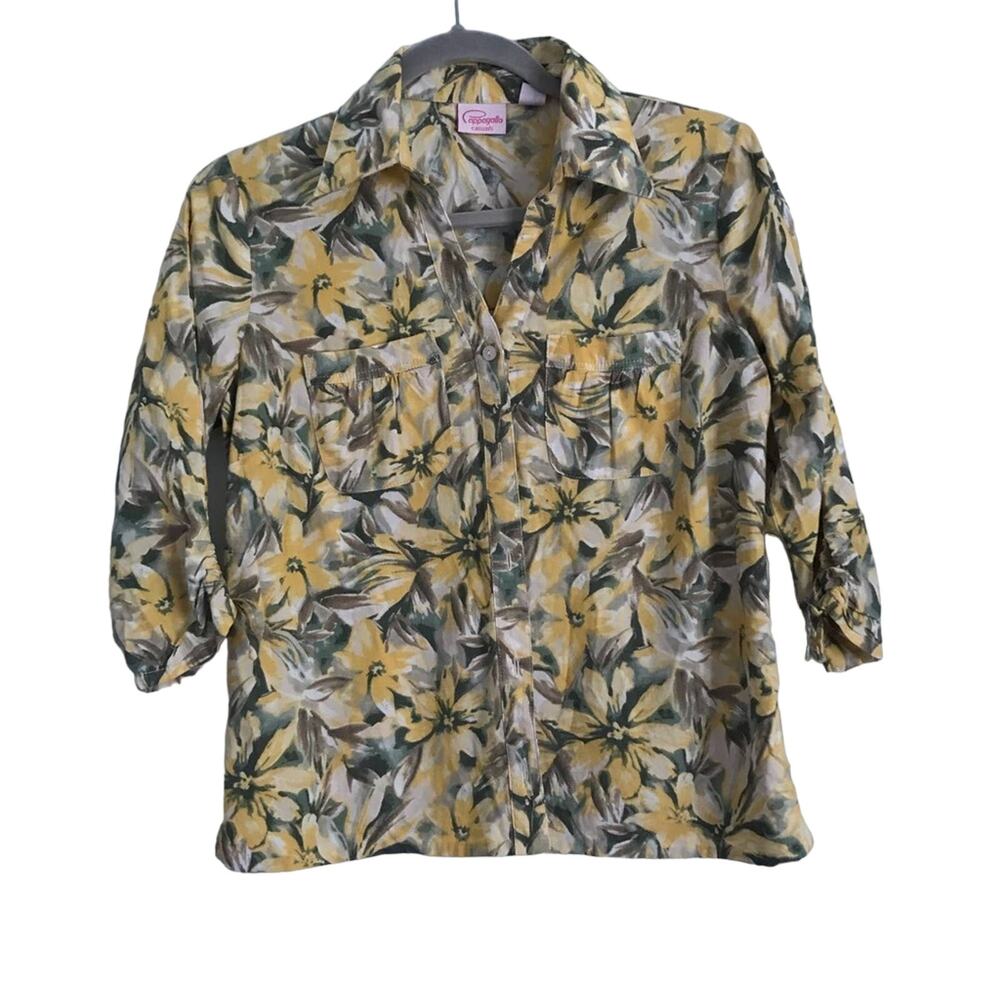 Pappagallo Casuals yellow green tropical button down pocket petite small